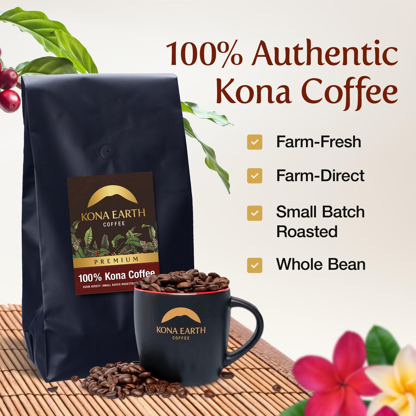 Kona Earth - Premium, 100% Kona Coffee, Dark Roast, Farm-Fresh Whole Coffee Beans, Micro-Batch-Roasted, 5 Lbs., Pack Of 1