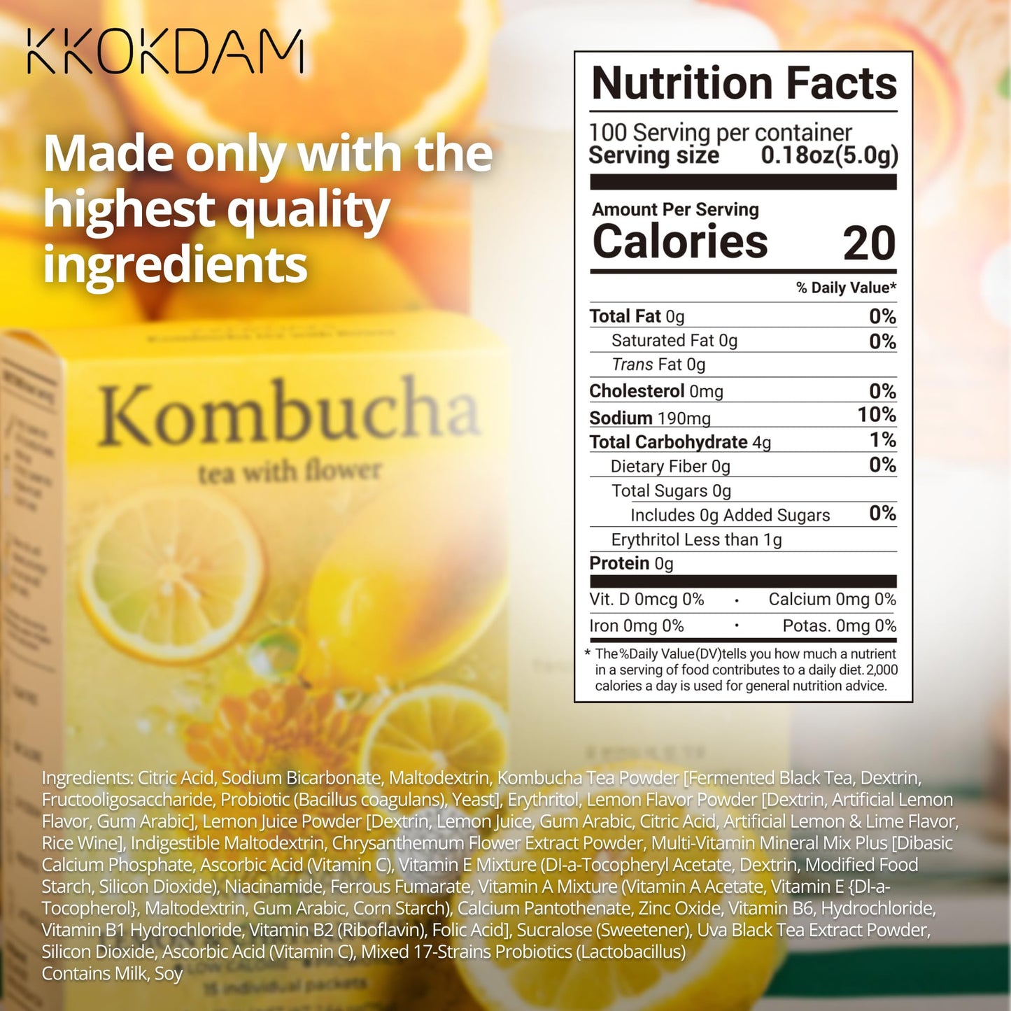 Kkokdam Kombucha Tea - Lemon & Chrysanthemum Korean Tea - Kombucha Drinks Probiotic Support, Low Calorie, Sugar Free Kombucha Pa