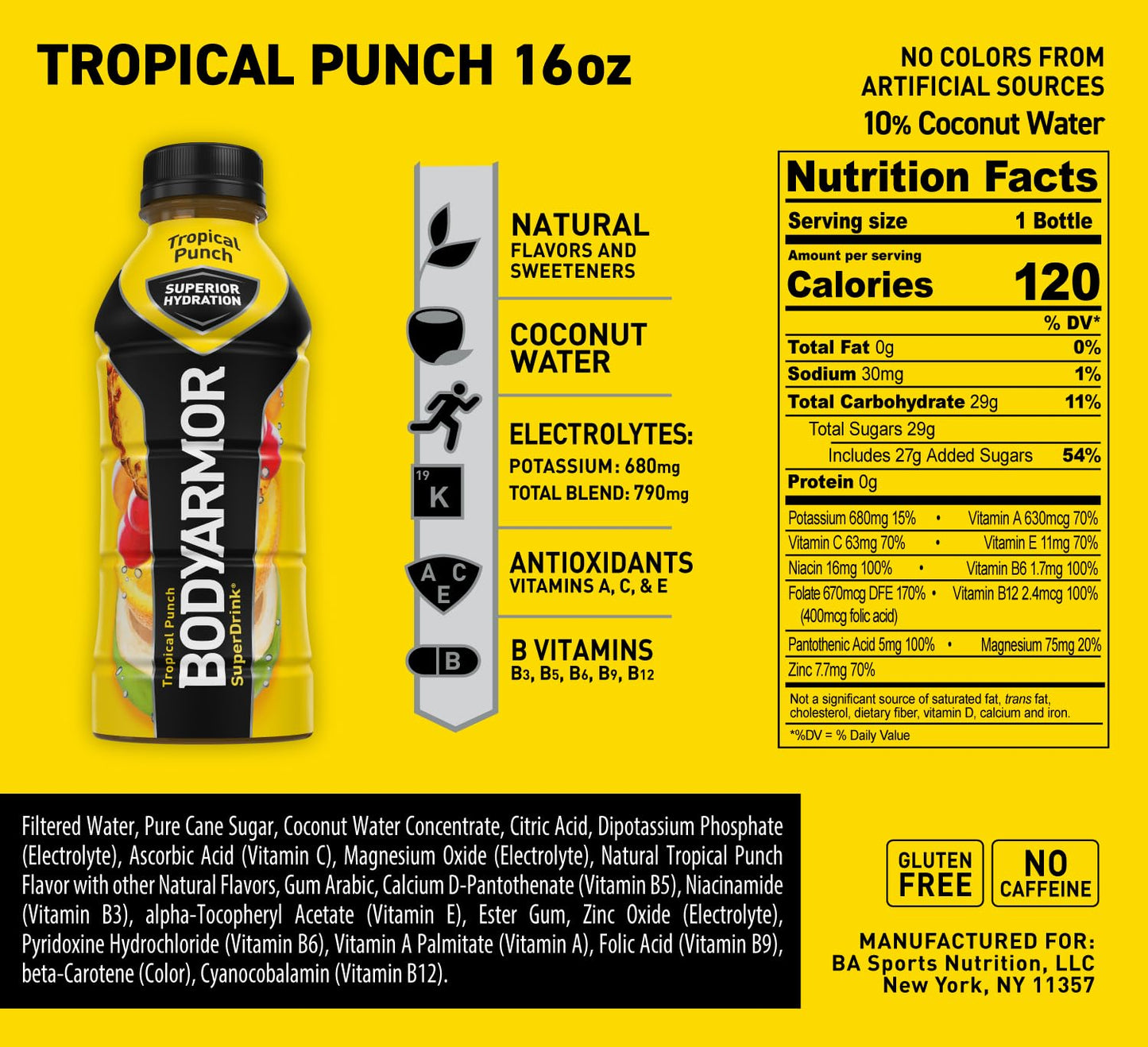 Bodyarmor Sports Drink Sports Beverage, Tropical Punch, Coconut Water Hydration, Natural Flavors With Vitamins, Potassium-Packed Electrolytes, Perfect For Athletes, 16 Fl Oz (Pack Of 12)