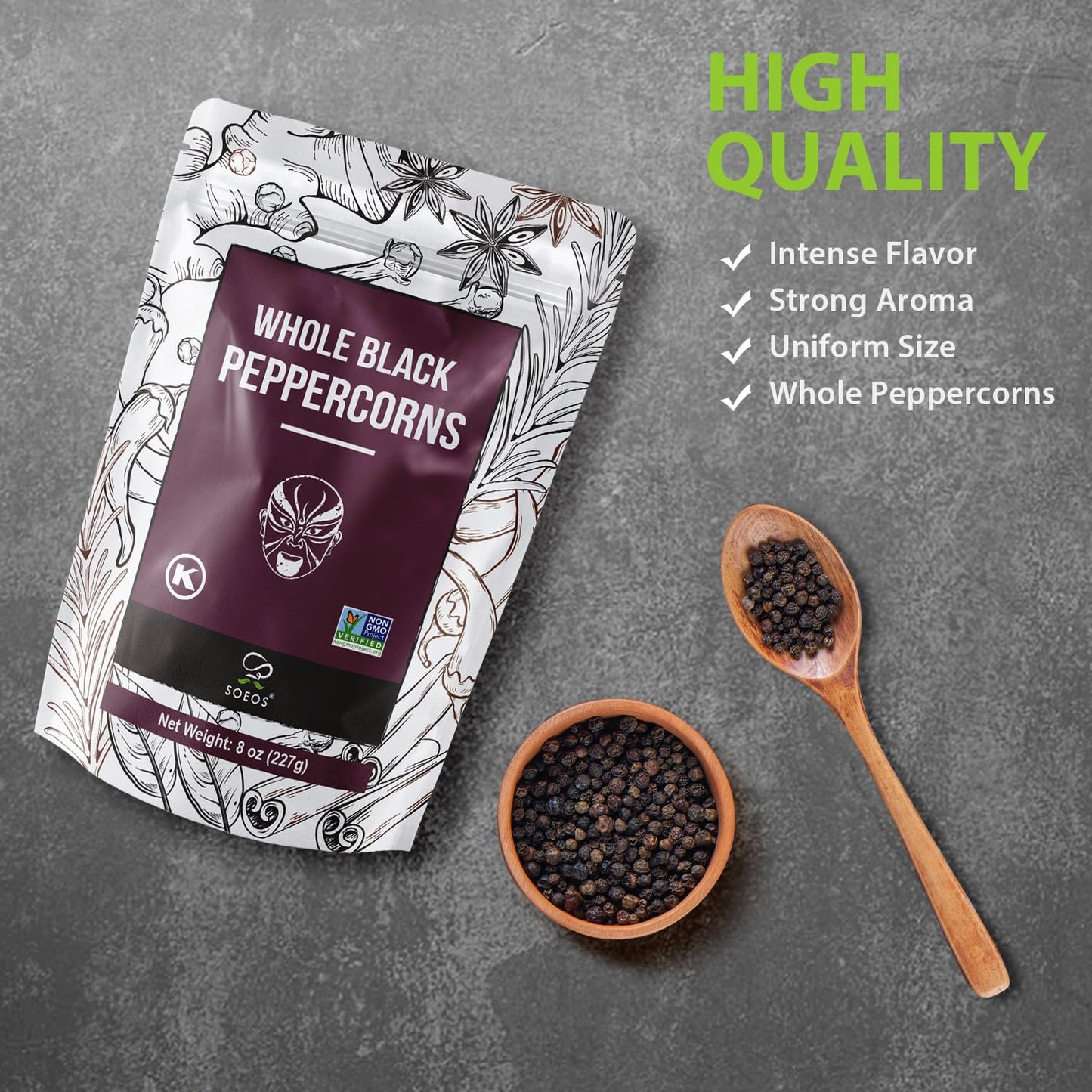 Soeos Black Peppercorns, 8oz (Pack of 1), Non-GMO, Kosher, Packed to Keep Peppers Fresh, Peppercorn for Grinder Refill, Whole Pe