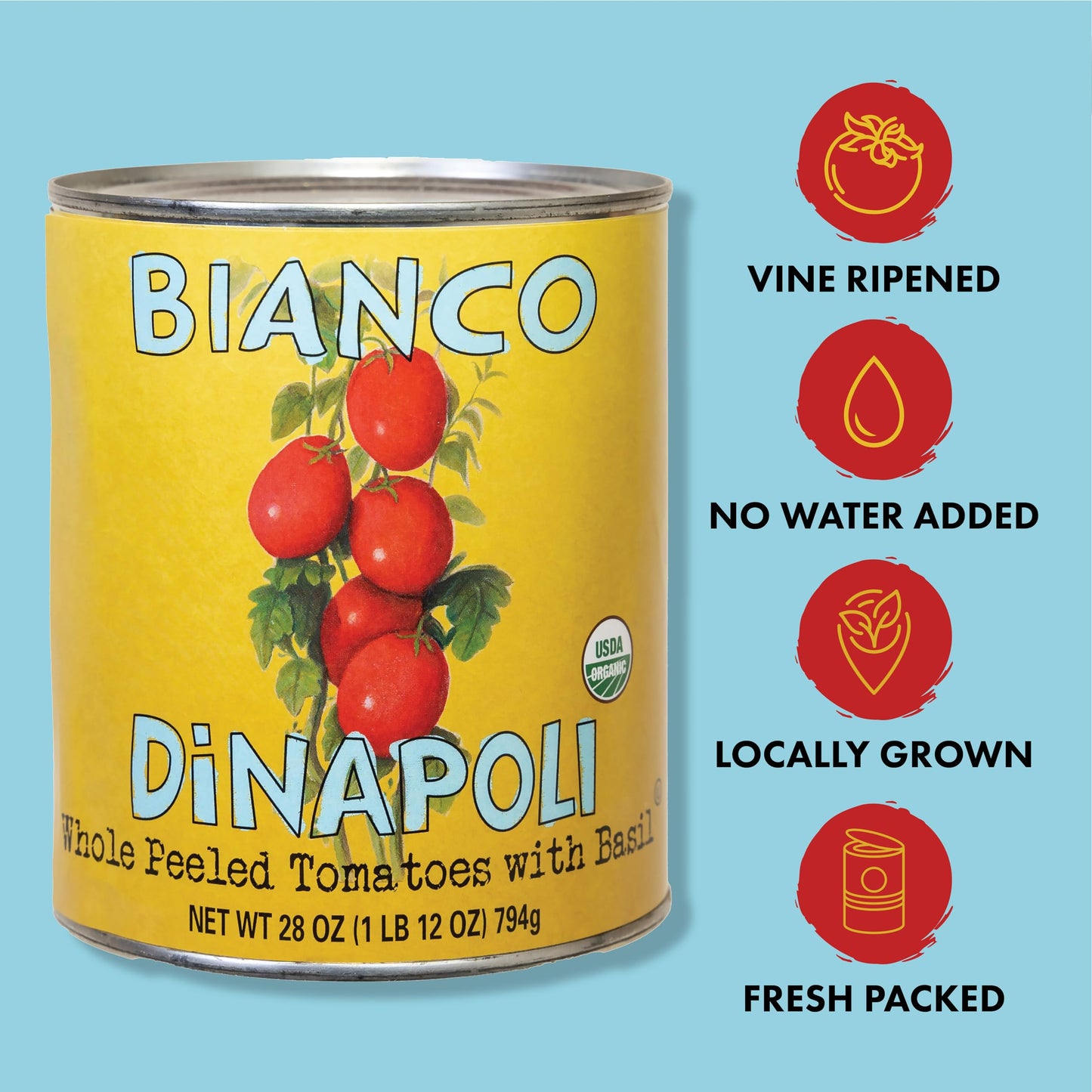 Bianco DiNapoli Organic Whole Peeled Tomatoes - Vine Ripened California Grown Tomatoes with Basil - Ideal for Flavorful Sauces,