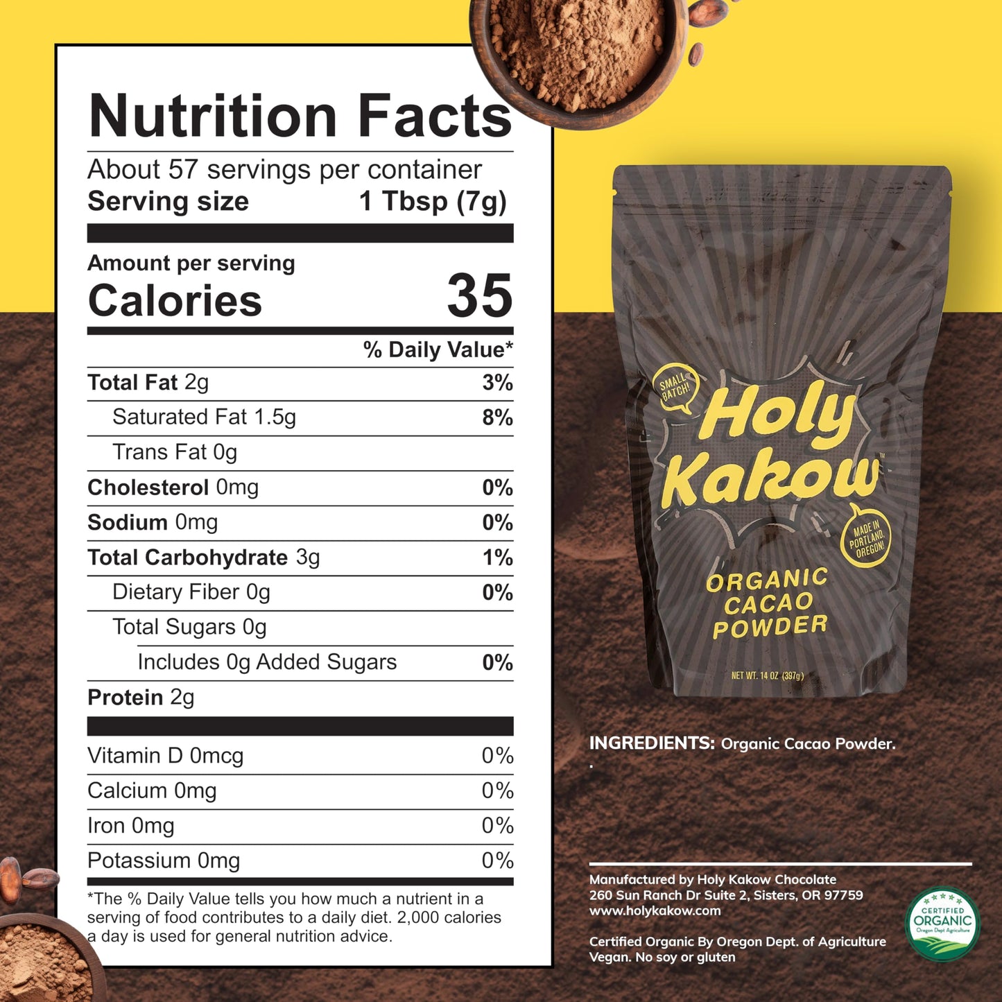 Holy Kakow Cacao Powder - Organic Cacao Powder, Cacao, Gluten Free, Soy Free, Vegan, Single Origin, Rich In Antioxidants, Organic Raw Cacao Powder - 14Oz