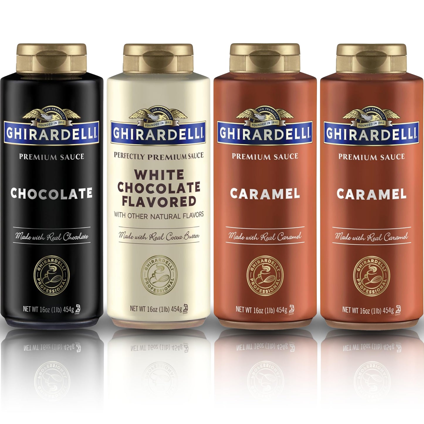 Ghirardelli Flavored Sauce Variety Pack | 16 Oz Bottles (Pack Of 4) | Chocolate Caramel And White Chocolate Dessert Toppings For Coffee Drinks Ice Cream And Baking Recipes