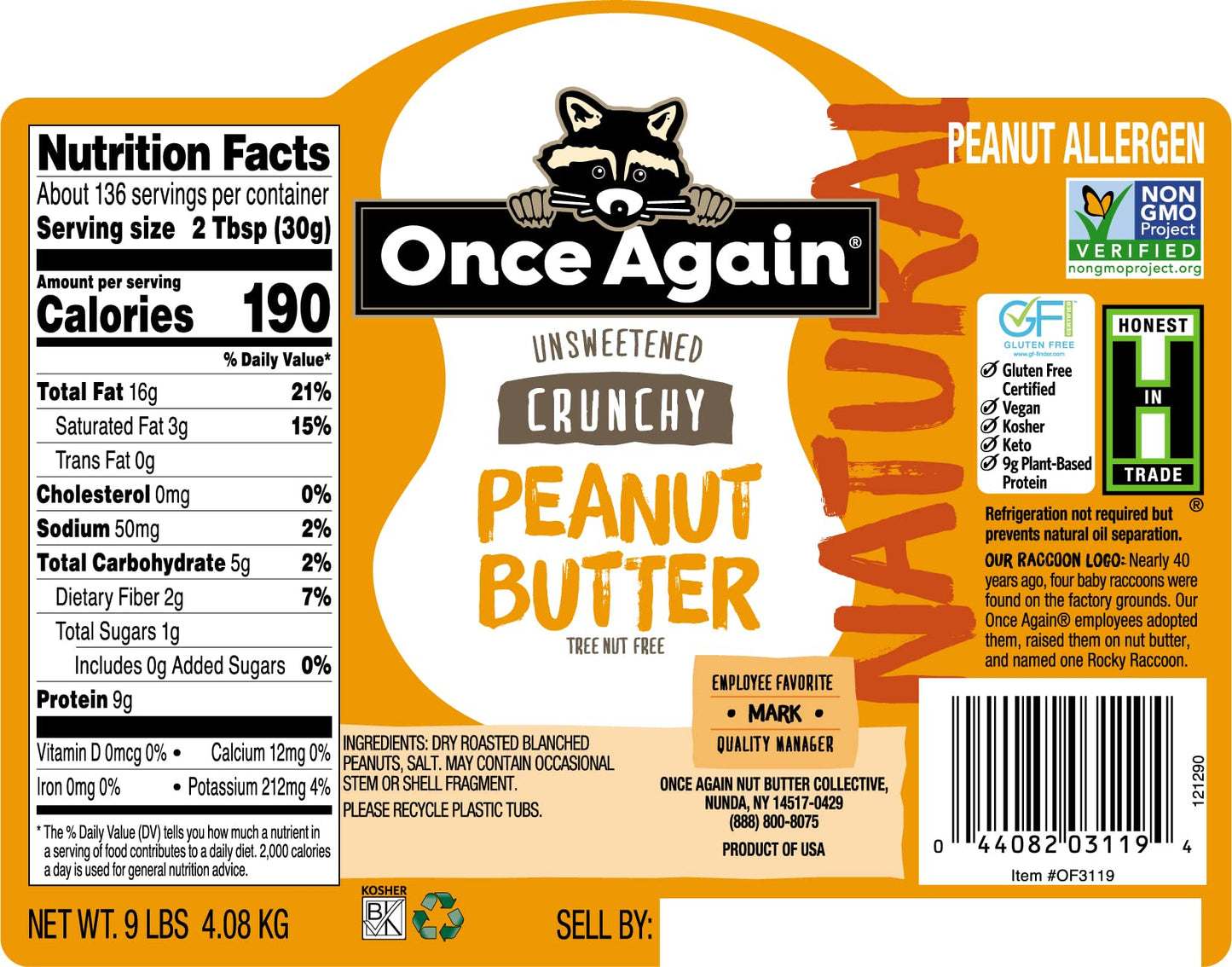 Once Again Natural, Crunchy Peanut Butter, 9Lb Bucket (Same As 9 Jars) - Lightly Salted, Unsweetened - Gluten Free Certified, Ve
