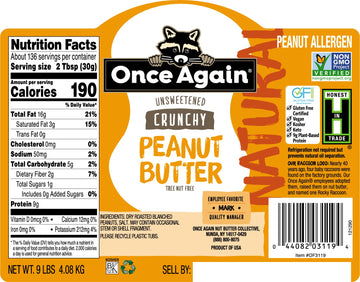 Once Again Natural, Crunchy Peanut Butter, 9Lb Bucket (Same As 9 Jars) - Lightly Salted, Unsweetened - Gluten Free Certified, Ve