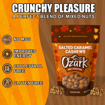 Ozark Nut Roasters Salted Caramel Cashews, Gourmet Candied Nuts Snack, Gluten-Free, Sea Salt & Caramel Glazed Cashews, Seasonal Fall Gift Packaging, 7 Oz