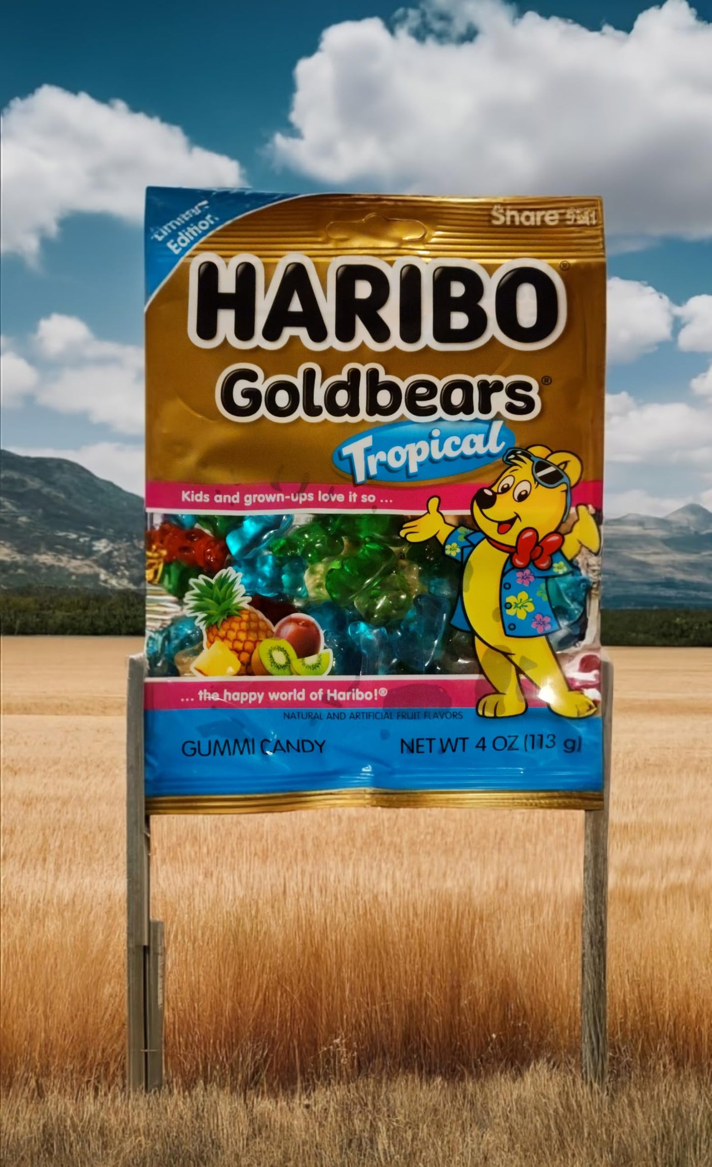 Haribo Goldbears Gummi Bears Tropical Flavors, 4oz Share Size, Pineapple, Kiwi, Passion Fruit, Paradise Punch