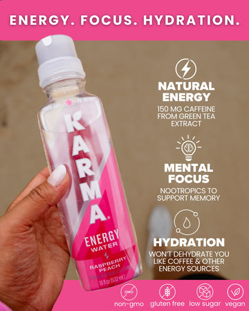 Karma Raspberry Peach Energy Water l Caffeinated Natural Energy Drink l Low Calorie Focus and Energy Boost, 18 Fl Oz (Pack of 12