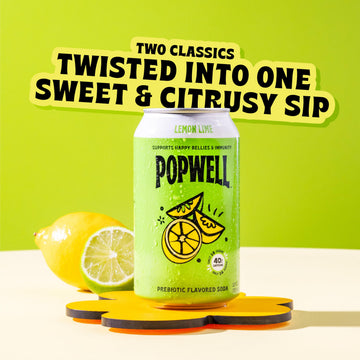 Popwell Prebiotic Soda, Lemon Lime Flavor, 6g Fiber, 1g Sugar, 12 Fl Oz Cans, Pack of 12