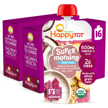 Happy Tot Organics Stage 4 Baby Food Pouches, Gluten Free, Vegan & Dairy Free Snack, Super Morning Fruit & Oat Blend, Bananas, D