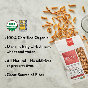 Delallo Whole Wheat Fusilli Pasta, 1 Pound Bag, 4 Pack, 100% Organic, Whole Grain Spiral Noodles, Imported From Italy, Made With Durum Wheat