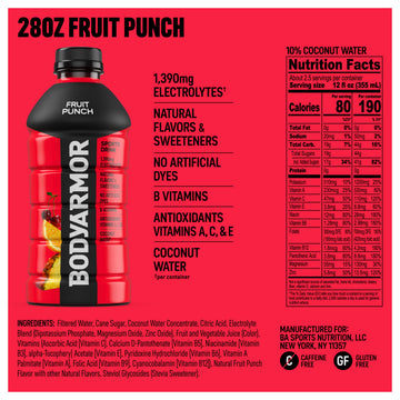 BODYprotective covering Sports Drink Fruit Punch Electrolyte Drink Hydration 28 Fl Oz Bottles (15 Pack) Flavored Coconut Water with B Vitamins & Antioxidants
