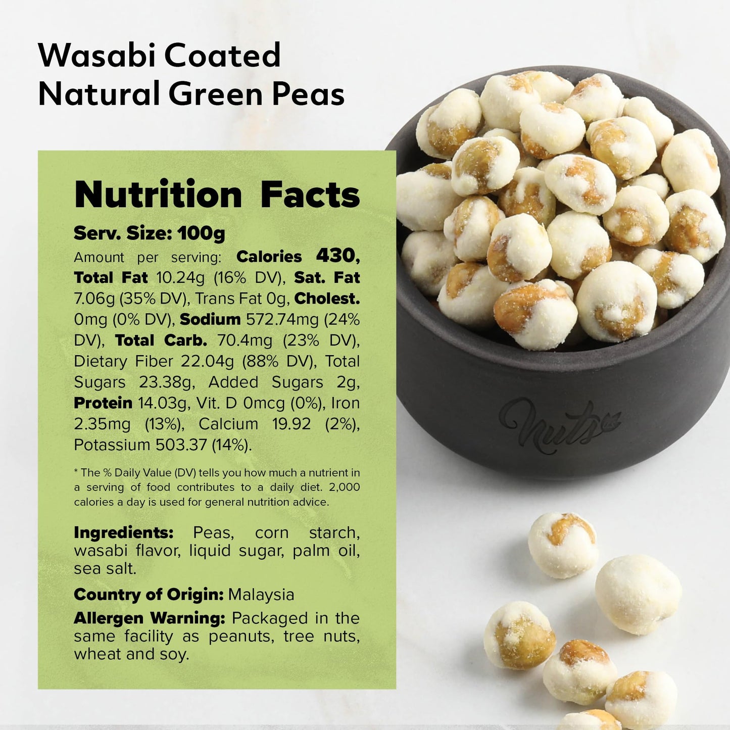 NUTS U.S. Wasabi Coated Green Peas, 100% Natural, Crunchy & Spicy, 2 lbs, Resealable Bag