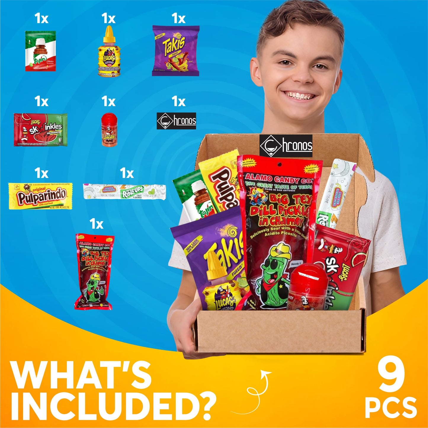 Chamoy Pickle Kit by CHRONOS 9 Piece Kit includes Alamo Big Tex Chamoy pickle, Skwinkles Watermelon Flavor, Lucas Gusano (tamari