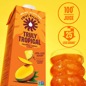 Revl Fruits 100% Juice, No Added Sugar, Pineapple Mango, Truly Tropical, 32 Fl Oz. Carton