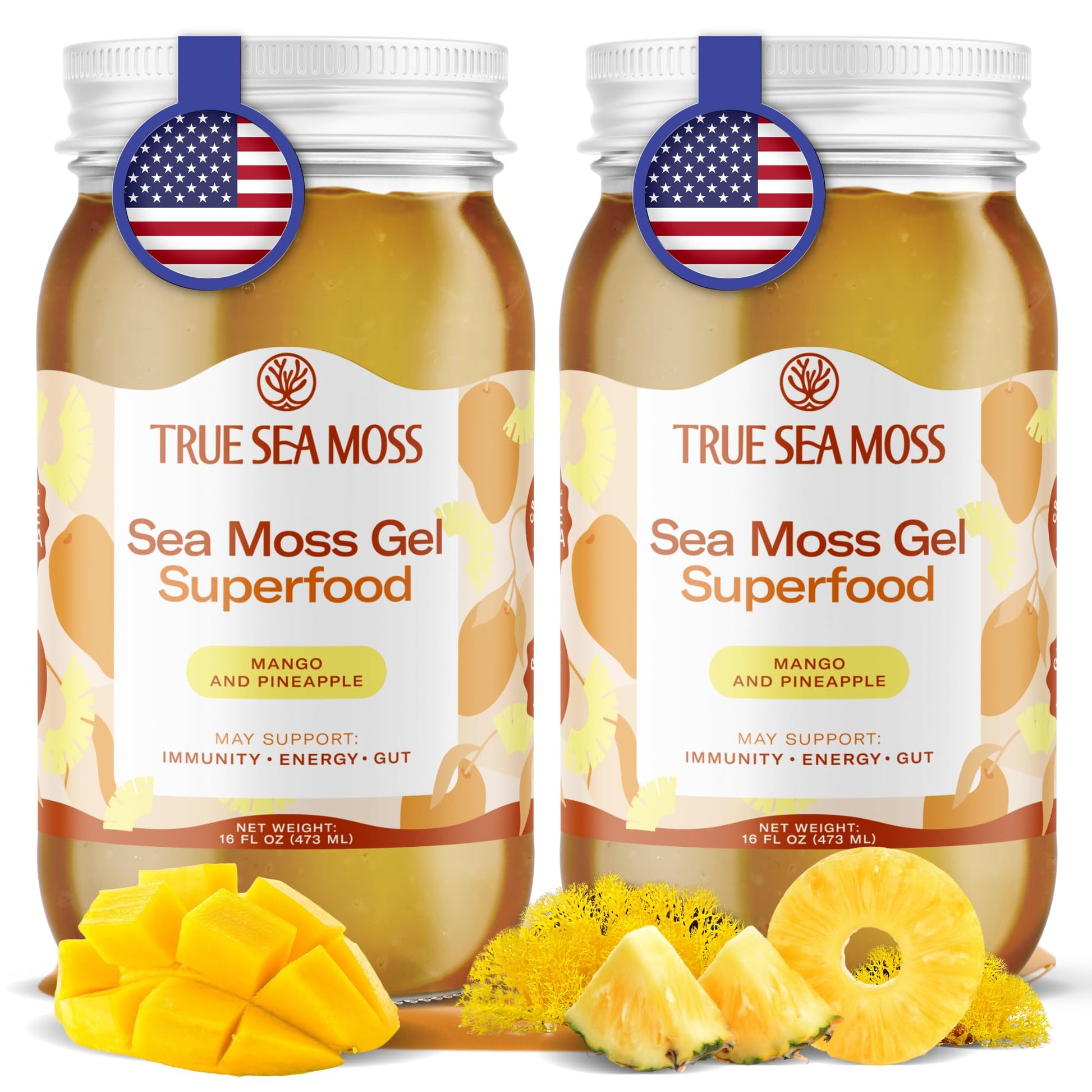 TrueSeaMoss Sea Moss Gel - Made in USA - Wildcrafted Seamoss, Fresh Fruits & Sea Vegetables - Mango/Pineapple, Pack of 2 (Labels