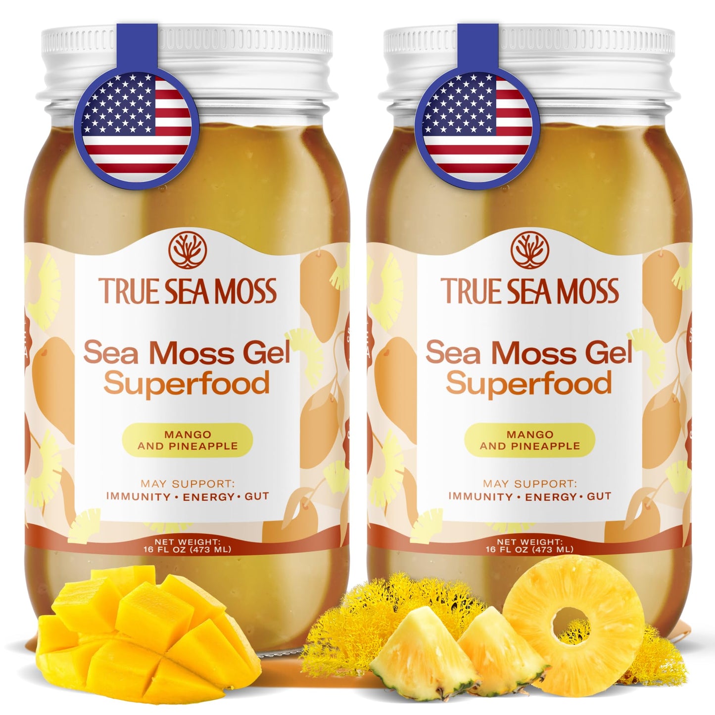 TrueSeaMoss Sea Moss Gel - Made in USA - Wildcrafted Seamoss, Fresh Fruits & Sea Vegetables - Mango/Pineapple, Pack of 2 (Labels