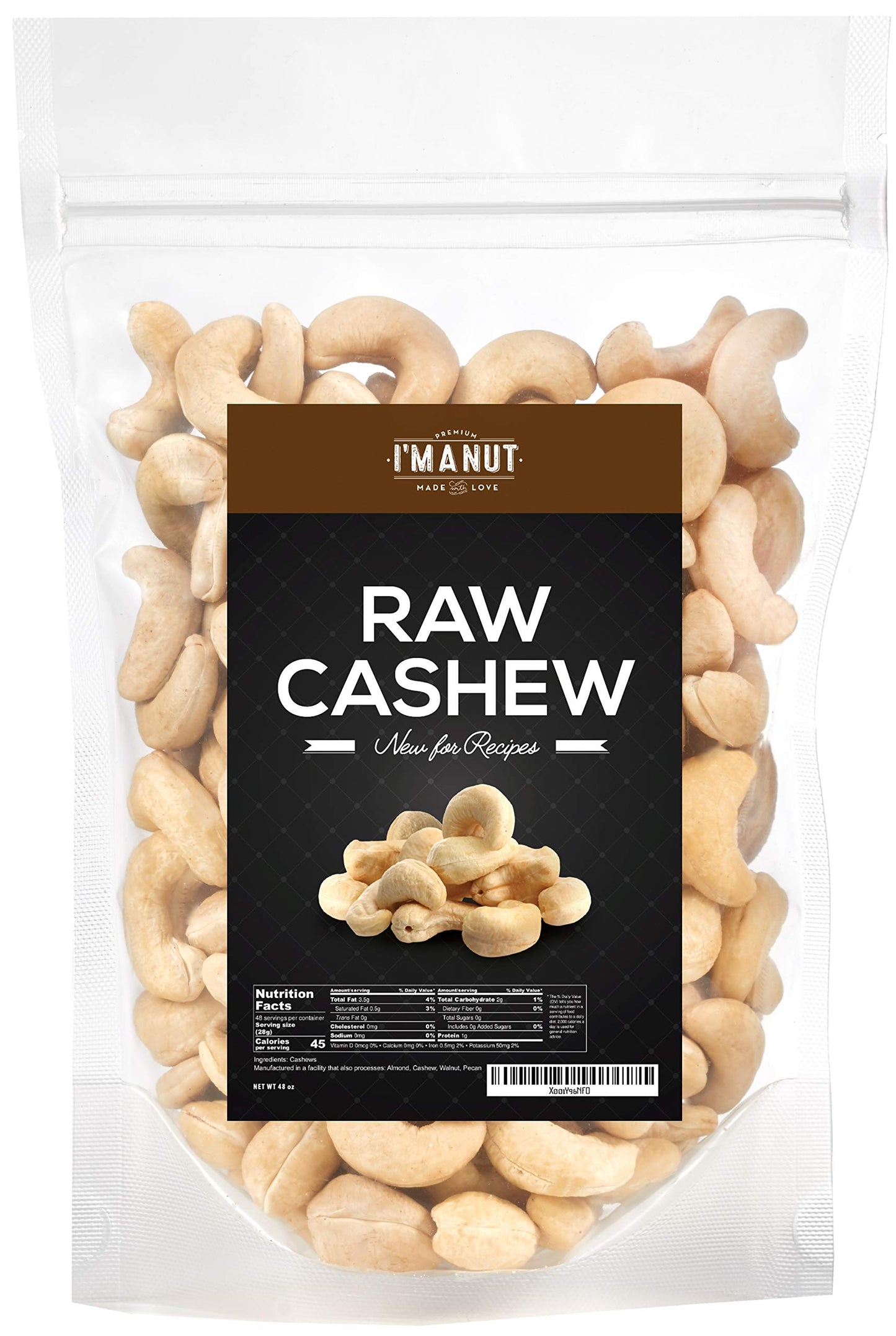 Raw Whole Unsalted Cashews 48Oz (3 Lb) 100% Natural | No Chemicals | Batch Tested Gluten & Peanut Free | Non-Gmo | Keto And Pale