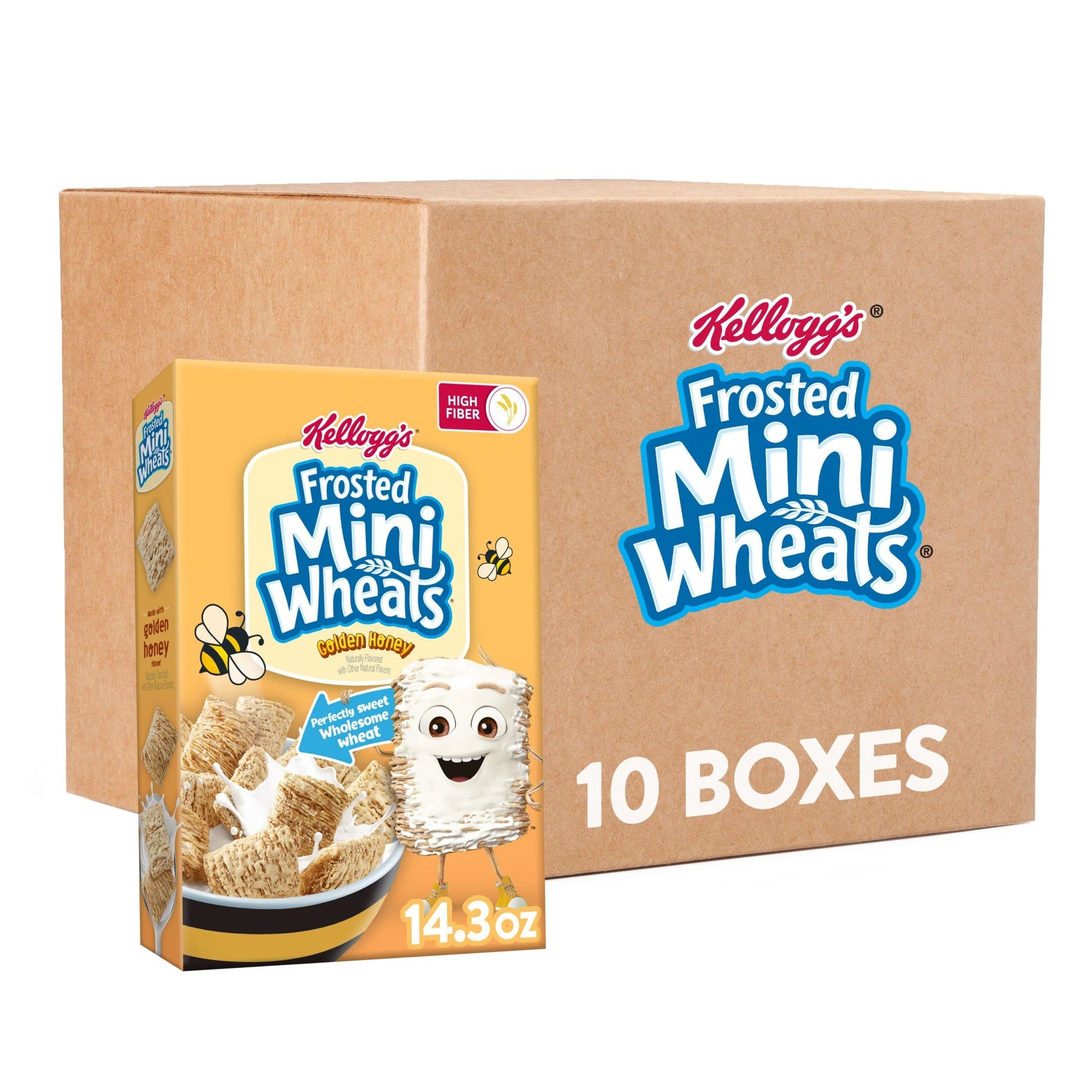 Kelloggs Frosted Mini-Wheats Cold Breakfast Cereal, Fiber Cereal, Kids Snacks, Golden Honey (10 Boxes)