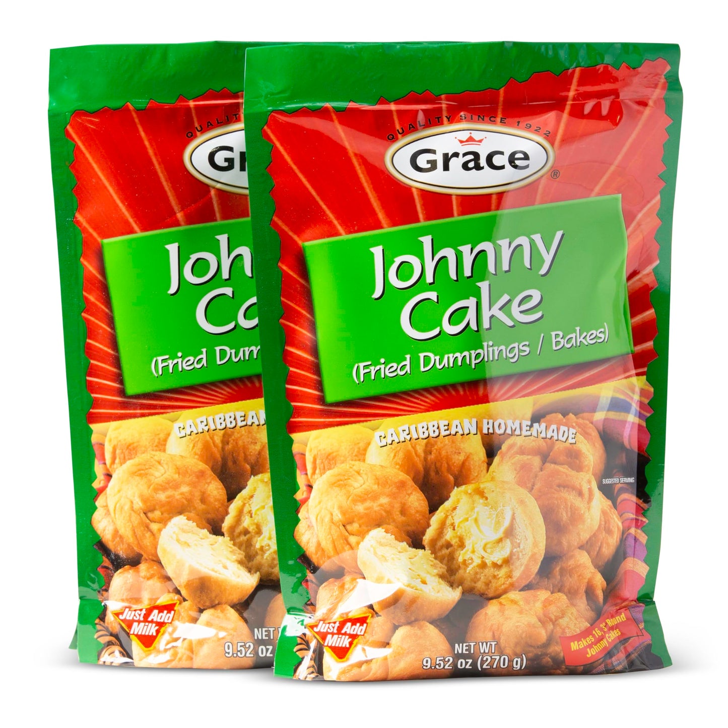 Grace Johnny Cake Fried Dumplings Mix 9.5oz - 2 Pack of Jamaican Cake Mix for Making Caribbean Cornmeal Pancakes, Southern Hoecakes & Caribbean Bakes