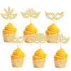 24Pcs Masquerade Masks Cupcake Toppers Gold Glitter Mask Cupcake Picks for Masquerade Mardi Gras Party Baby Shower Birthday Wedd