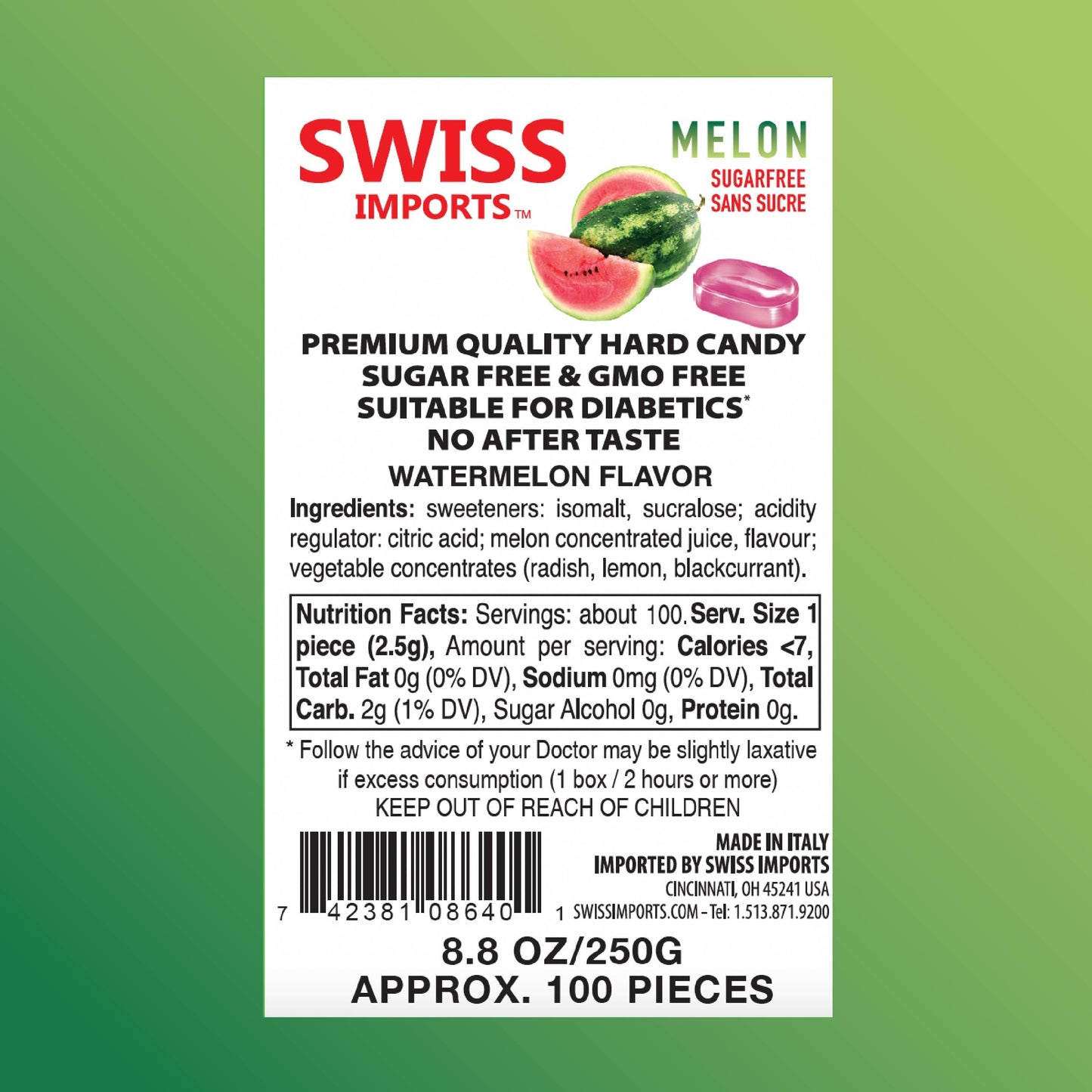 Swiss Imports Sugar Free Bonbons Hard Candy Drops, Melon, 100 Individually Wrapped Pieces, 250G/8.8Oz