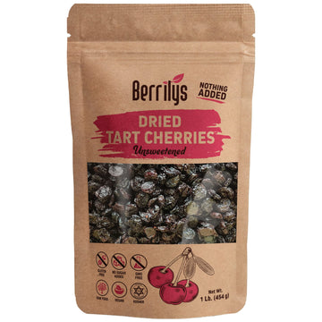 Dried Cherries, Unsweetened, Tart, Berrilys,16 Oz, Pitted, Kosher, Unsulfured, Sour, No Added Sugar, No Preservatives, No Oil, N