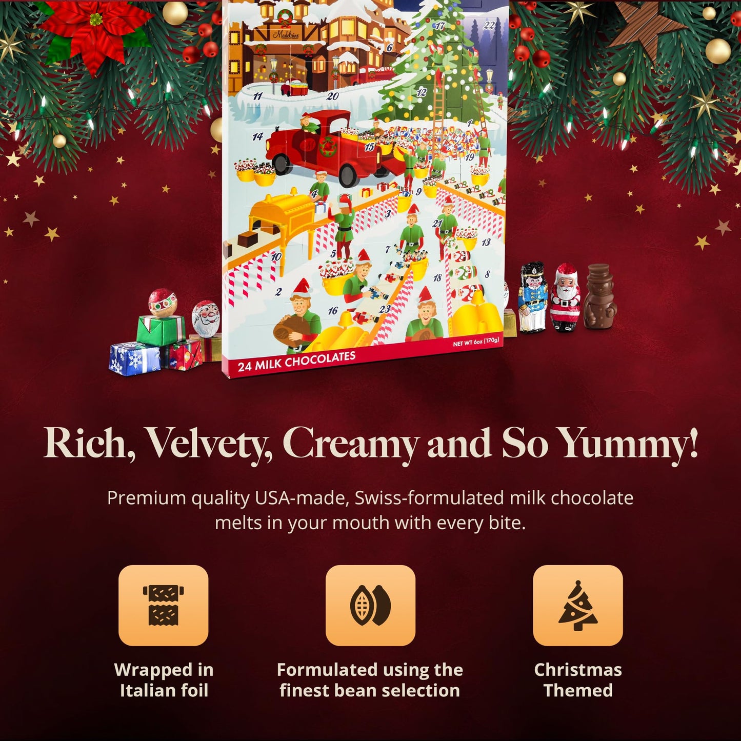 Madelaine Christmas Countdown Advent Calendar - 2023 Edition, 6 oz Solid Milk Chocolate, 24 Chocolates, Pack of 2