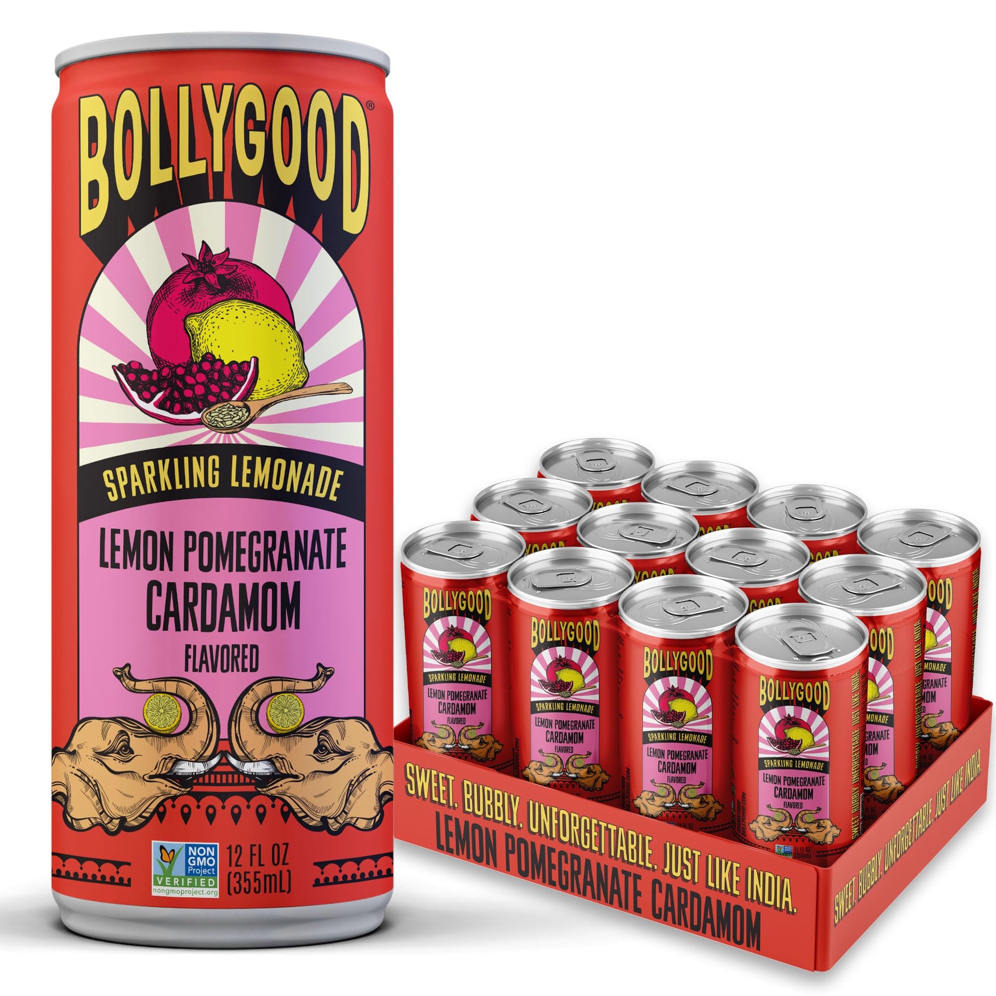 Bollygood Sparkling Lemonade, Lemon Pomegranate Cardamom, Indian Inspired Beverage Nimbu Pani, No Artifical Colors or Flavors, N