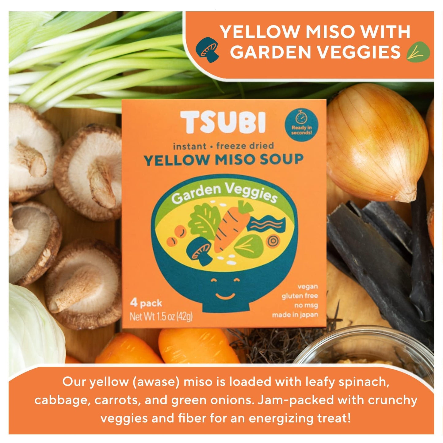Tsubi Soup Freeze-Dried Miso Soup Packets - Vegan, Gluten-Free - 0.38 oz (Pack of 4) - Yellow Miso (Garden Veggies)
