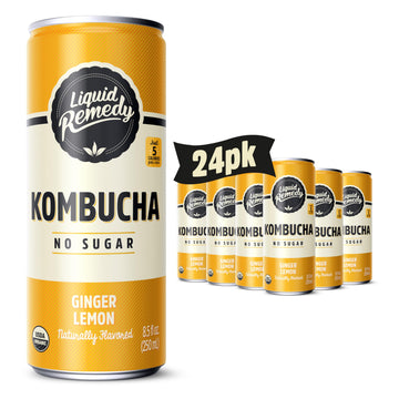 Liquid Remedy Kombucha Sugar Free Organic Drink, Low Calorie, Probiotic Like Tea For Gut Health - Ginger Lemon - 8.5 Fl Oz Can,
