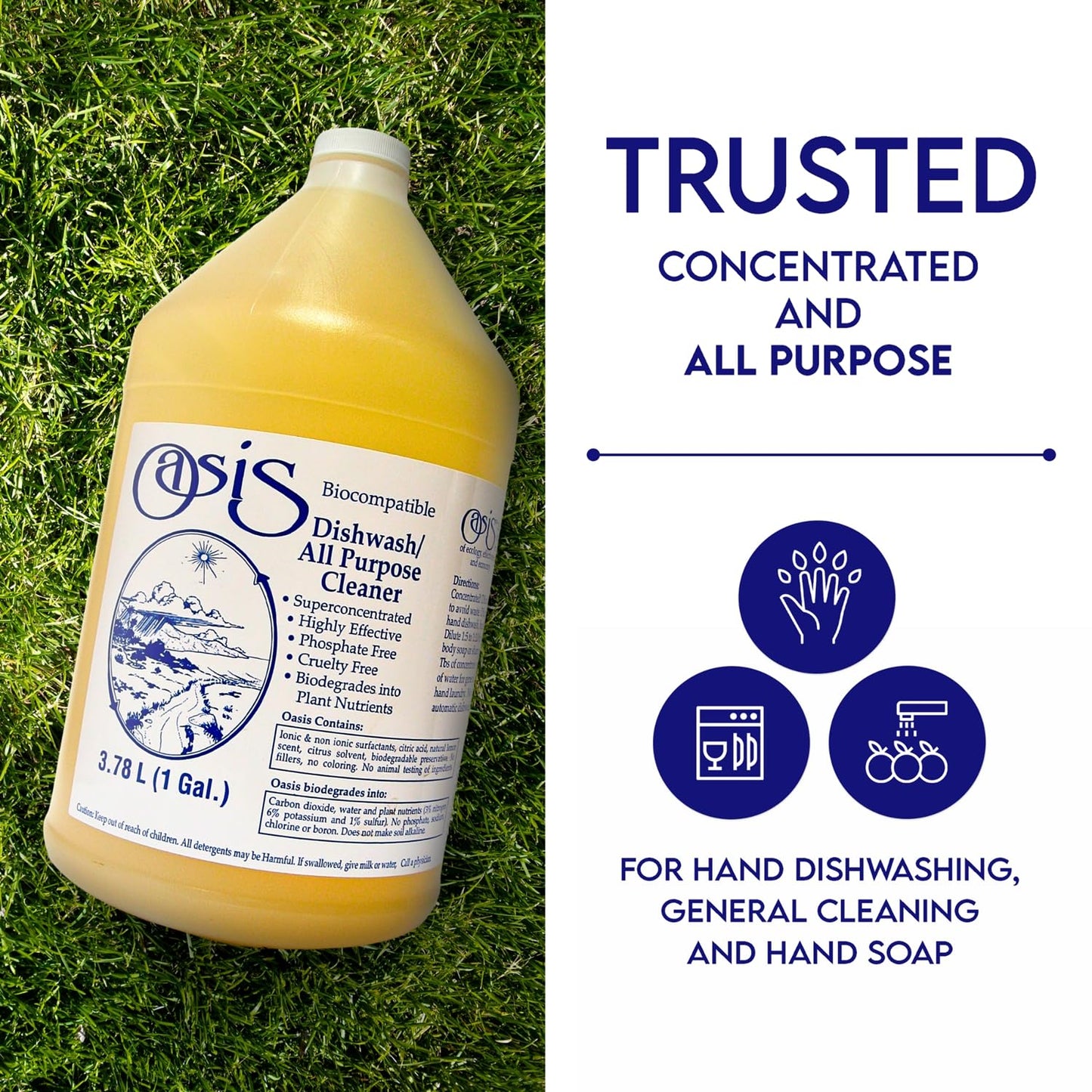 Oasis Biocompatible Dish Soap Liquid & All Purpose Cleaner - Reuse Greywater For Plants - Clean, Safe, Concentrated, Grey Water Friendly, Sodium-Free, Biodegrades Into Plant Nutrients - 1 Gallon