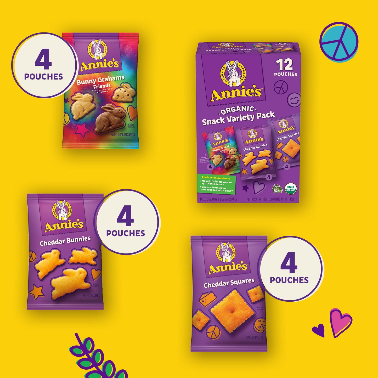 Annie'S Organic Variety Pack, Cheddar Bunnies, Bunny Grahams & Cheddar Squares, 12 Pouches