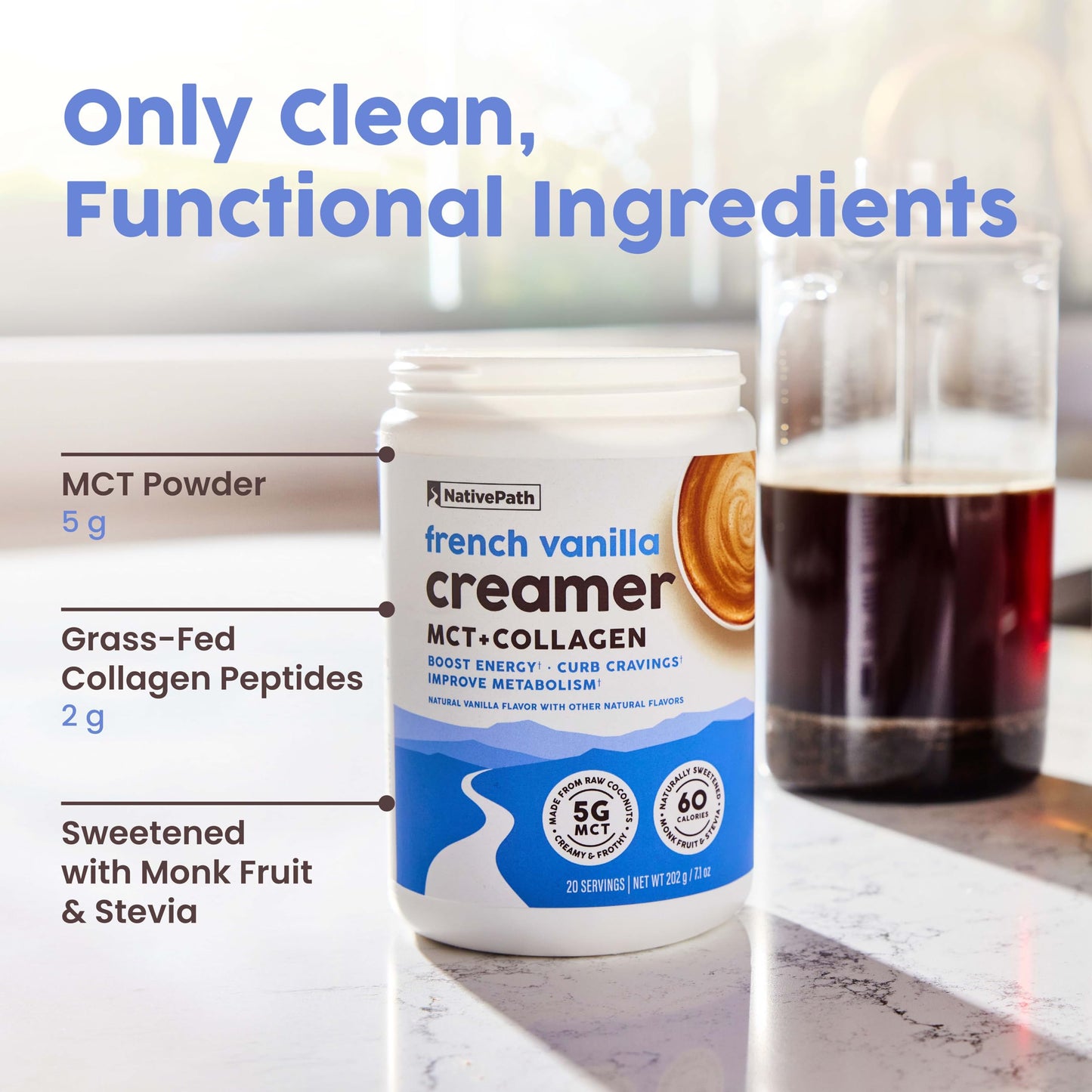 Nativepath Keto Coffee Creamer Powder French Vanilla - Keto-Friendly, Non-Dairy & Low Sugar Creamer. Made With Grass-Fed Collage