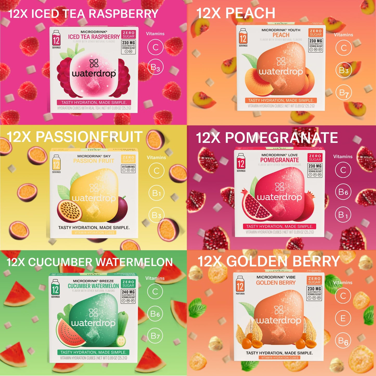 Waterdrop Hydration Cubes, Iced Tea Peach, 200 MG Electrolytes & Vitamin C & B3, On the Go Water Enhancer for Still & Sparkling