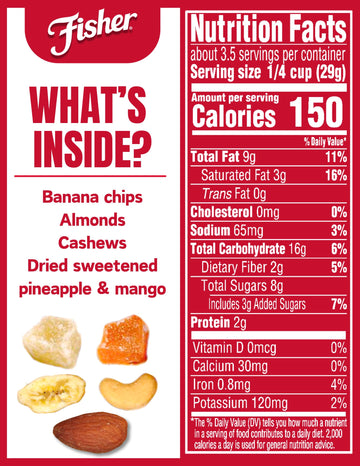 Fisher Snack Tropical Trail Mix, 3.5 Ounces (Pack Of 6), Banana Chips, Almonds, Cashews, Dried Sweetened Pineapple And Mango, Re