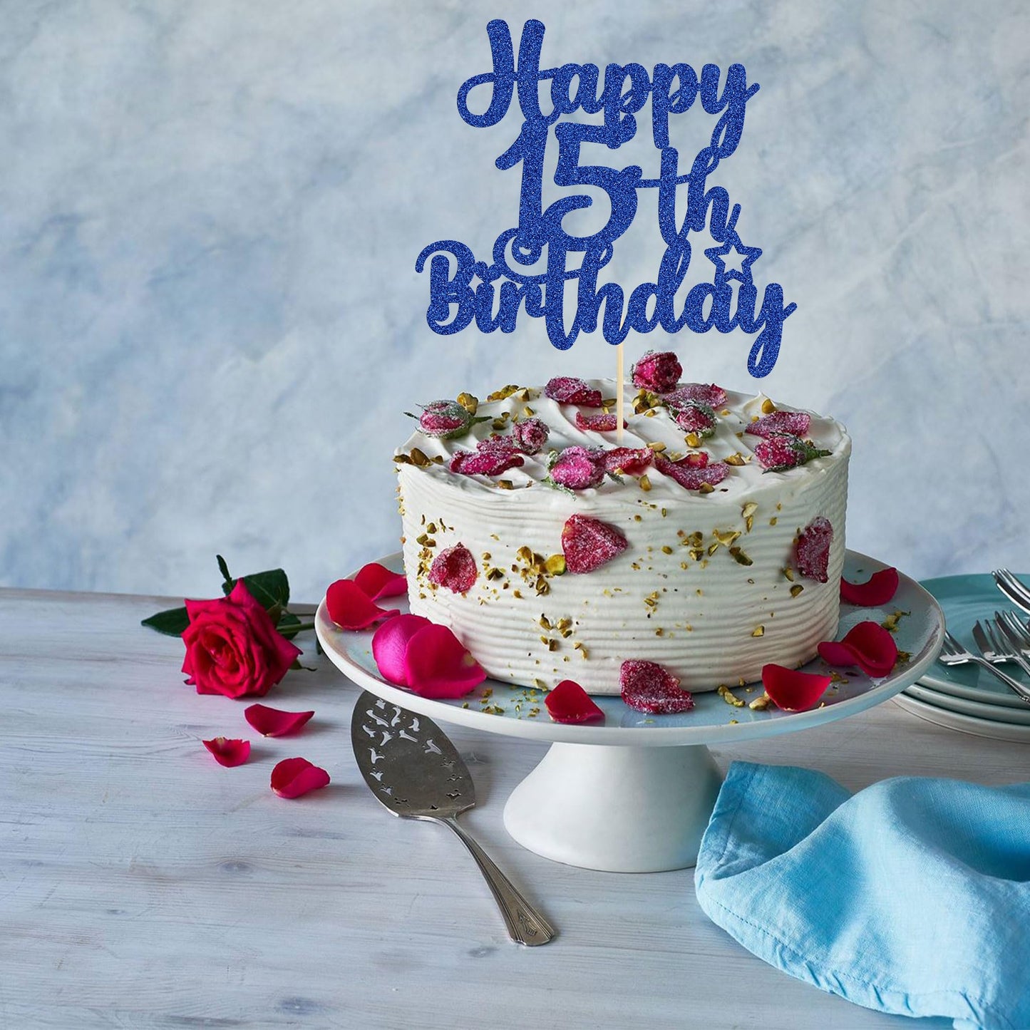 Gyufise 1Pc Happy 15Th Birthday Cake Topper Glitter 15 & Fabulous Cheers To 15 Years Old Cake Pick For Celebrating 15Th Birthday