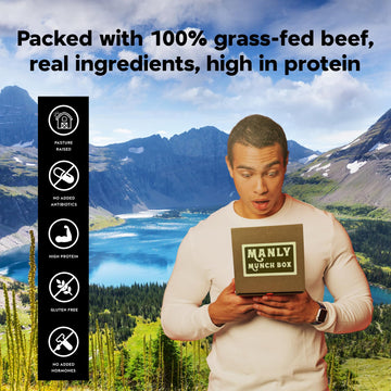 Manly Munch Box Jerky Gift Box, Curated Assortment Of High Protein Snacks, Beef & Turkey Jerky Variety Pack Gift Set, Exotic Mea