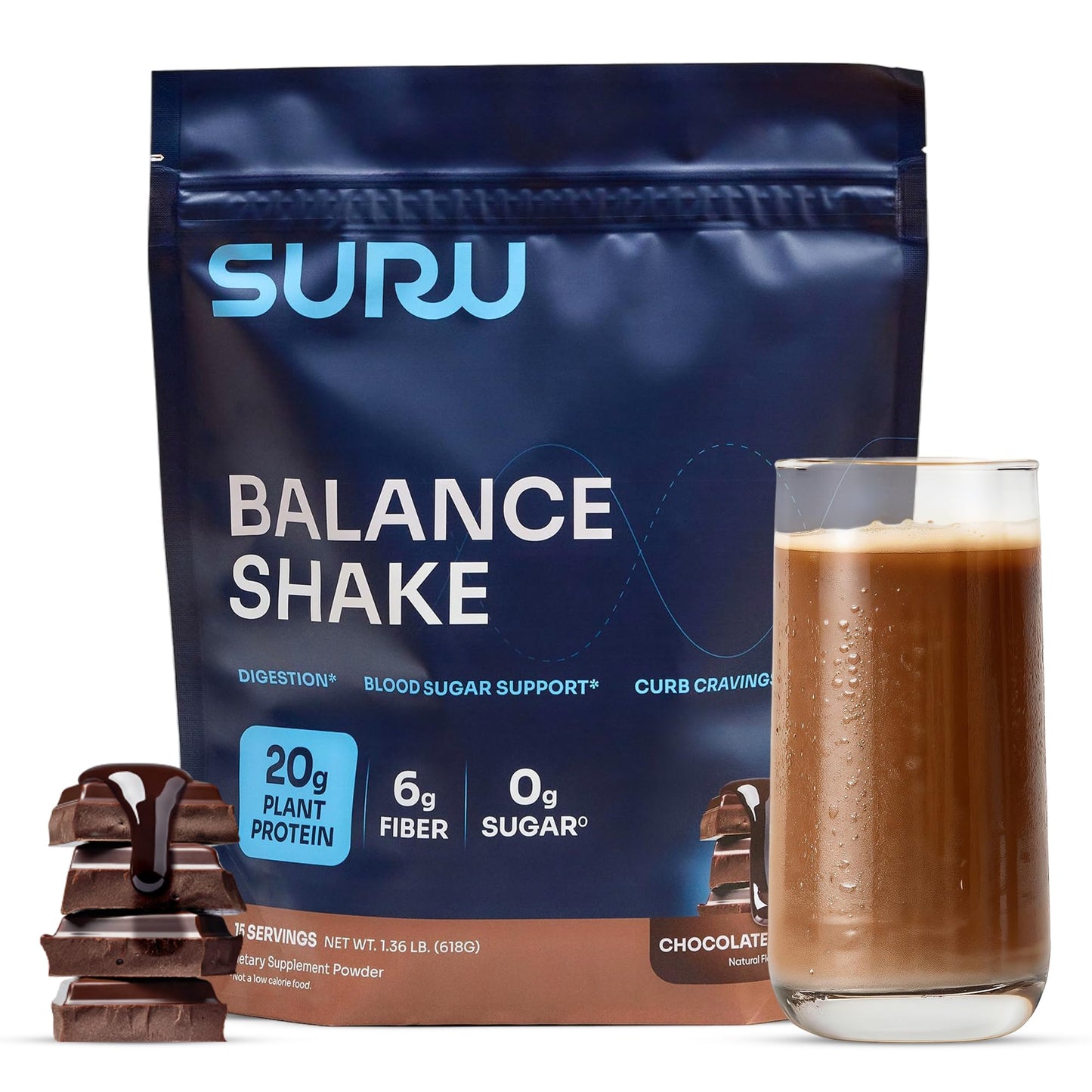 Suru Balance Shake For Blood Sugar Support - Low Glycemic 20G Plant-Based Protein 6G Fiber 140 Calories | Glp-1 Support | Nutrition For Balanced Glucose Chocolate 15 Servings