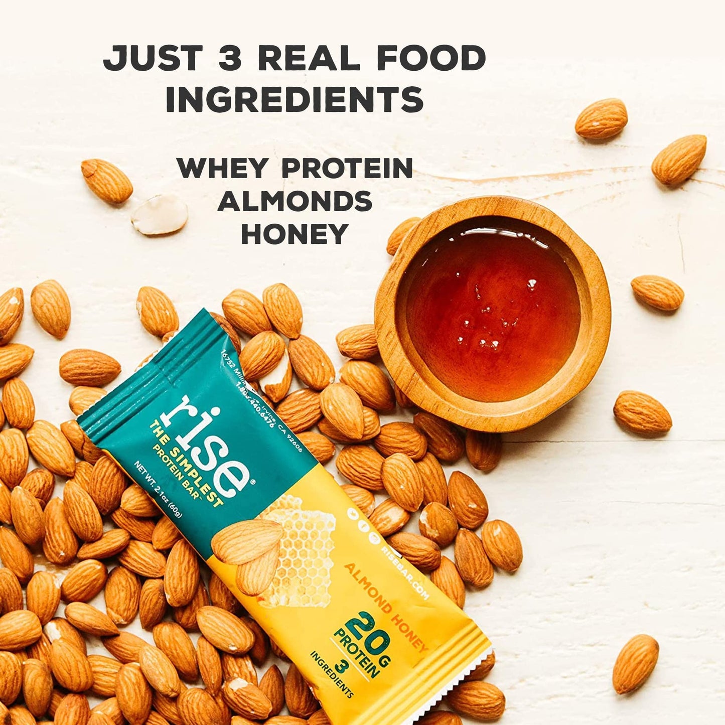 Rise Whey Protein Bars - Almond Honey | Healthy Breakfast Bar & Protein Snacks, 20g Protein, 4g Fiber, Just 3 Whole Food Ingredi