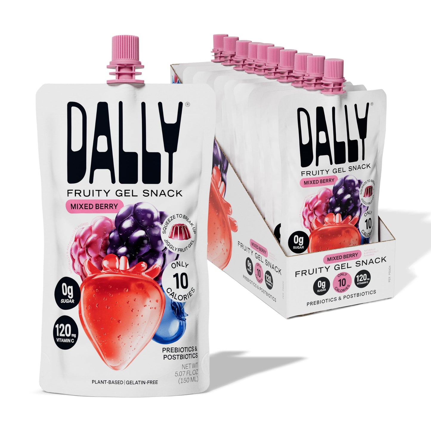 Dally Mixed Berry Konjac Jelly Pouch (10 Pack) - Plant Based, Zero Sugar, Low-Calorie Jellified Fruit Snack - Vitamin C & Prebio