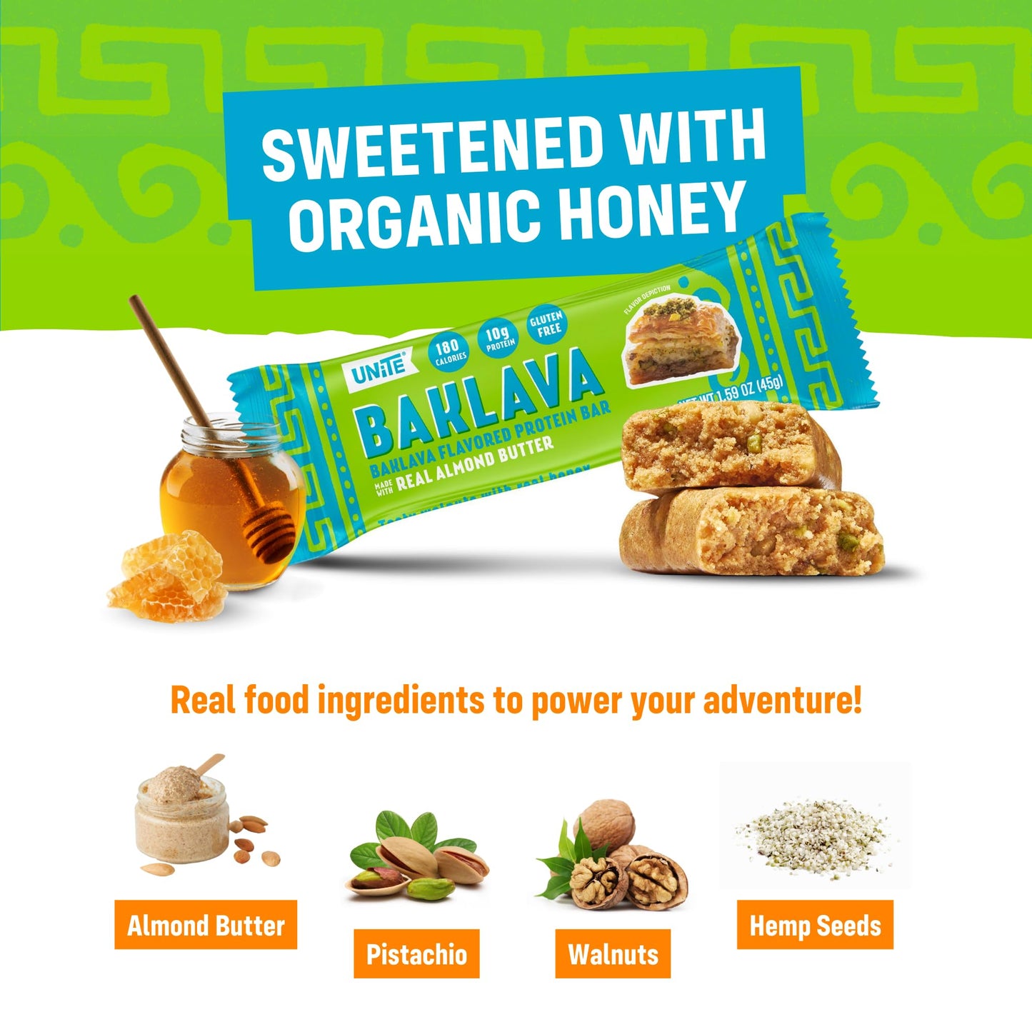 UNiTE Baklava Protein Bars, 10g Protein, Gluten and Soy Free, 12 Count, Almond Butter Snack