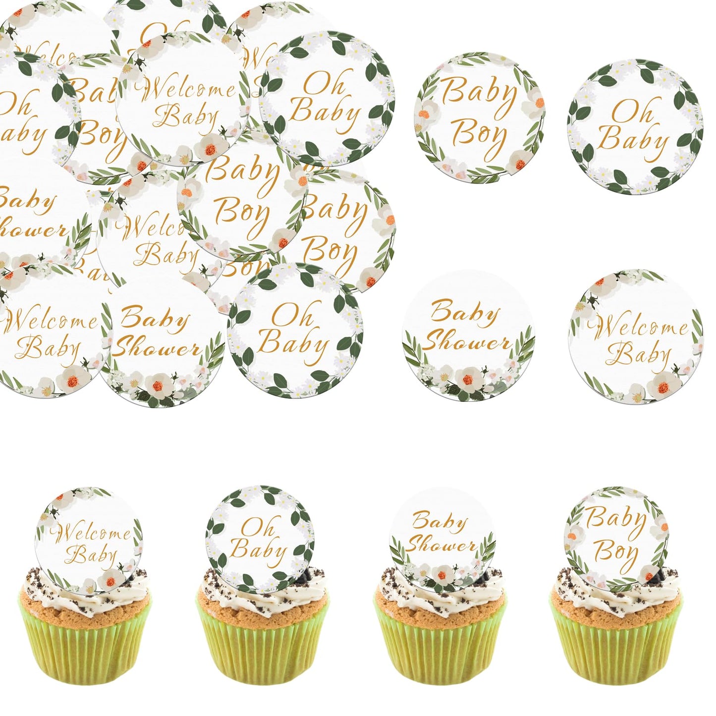 Fyeoxle 48 Pack Edible Baby Shower Cupcake Toppers Wafer Paper Jungle Leaves Oh Baby Wecome Baby Cupcake Picks Greenery Frames Baby Girl Cake Decor For Baby Shower Party Cake Decor Supplies
