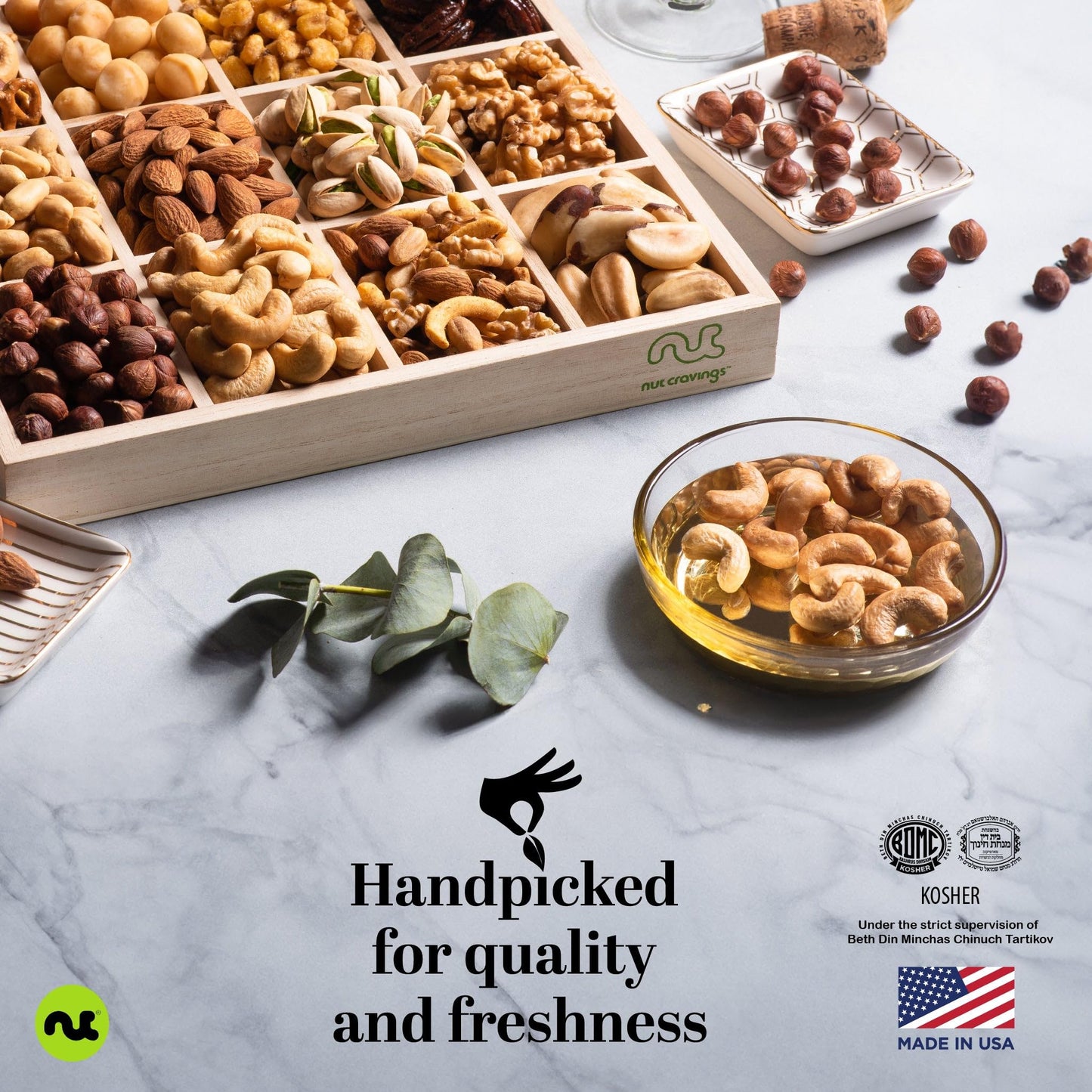 NUT CRAVINGS Gourmet Collection - Happy Birthday Nuts Gift Basket with Bday Ribbon in Reusable Wooden Tray (12 Assortments) Food Arrangement Healthy Snack Care Package Food Assortments