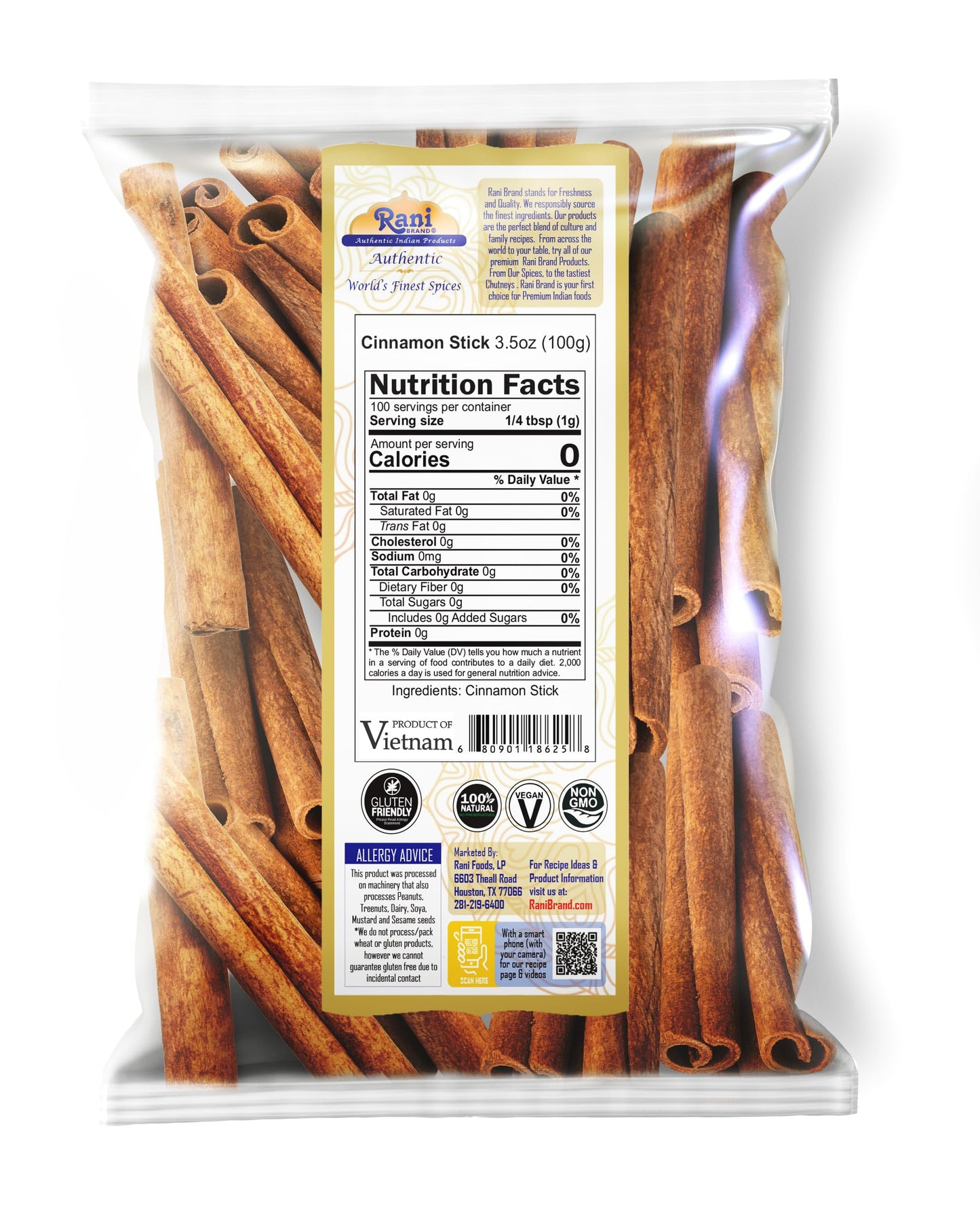 Rani Cinnamon Sticks 3.5Oz (100G) ~ 11-13 Sticks 3 Inches In Length Cassia Round ~ All Natural | Vegan | No Colors | Gluten Friendly | Non-Gmo