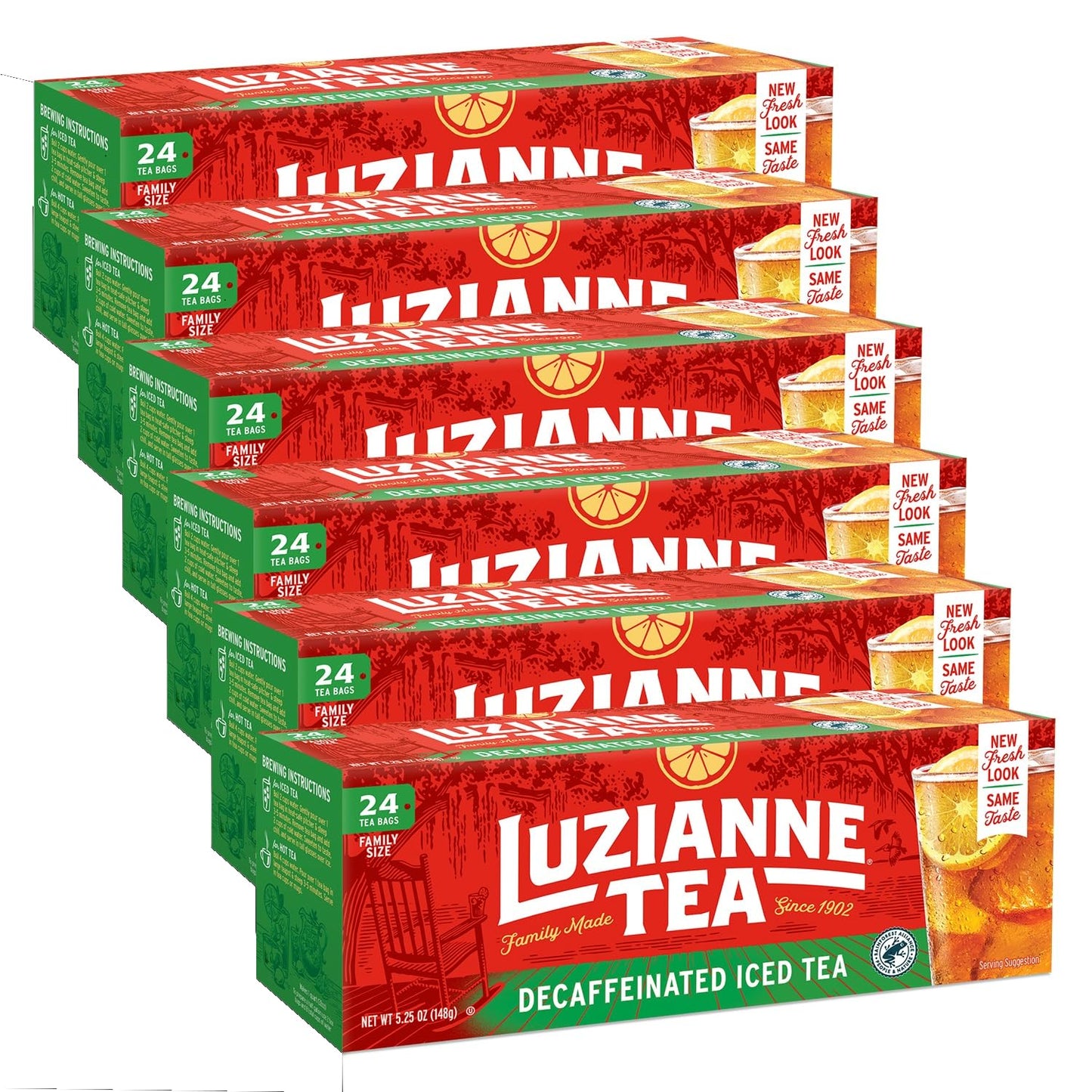 Luzianne Decaffeinated Iced Tea Bags, Family Size, Unsweetened, 144 Bags (6 Boxes of 24), Perfect for Refreshing Southern Iced Tea