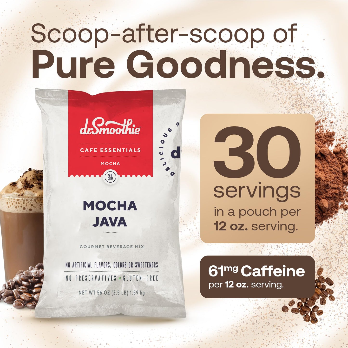 Dr. Smoothie Café Essentials Mocha Java – 61mg Caffeine – 3.5 lb Bag (Pack of 5) – No Artificial Colors or Flavors