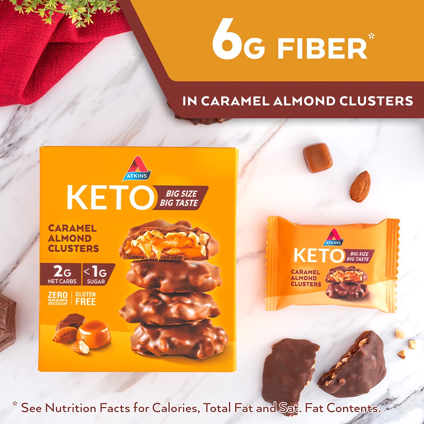 Atkins Caramel Almond Clusters, Gluten Free, High in Fiber, 1g Sugar, 2g Net Carb, Keto Friendly, 8 Count