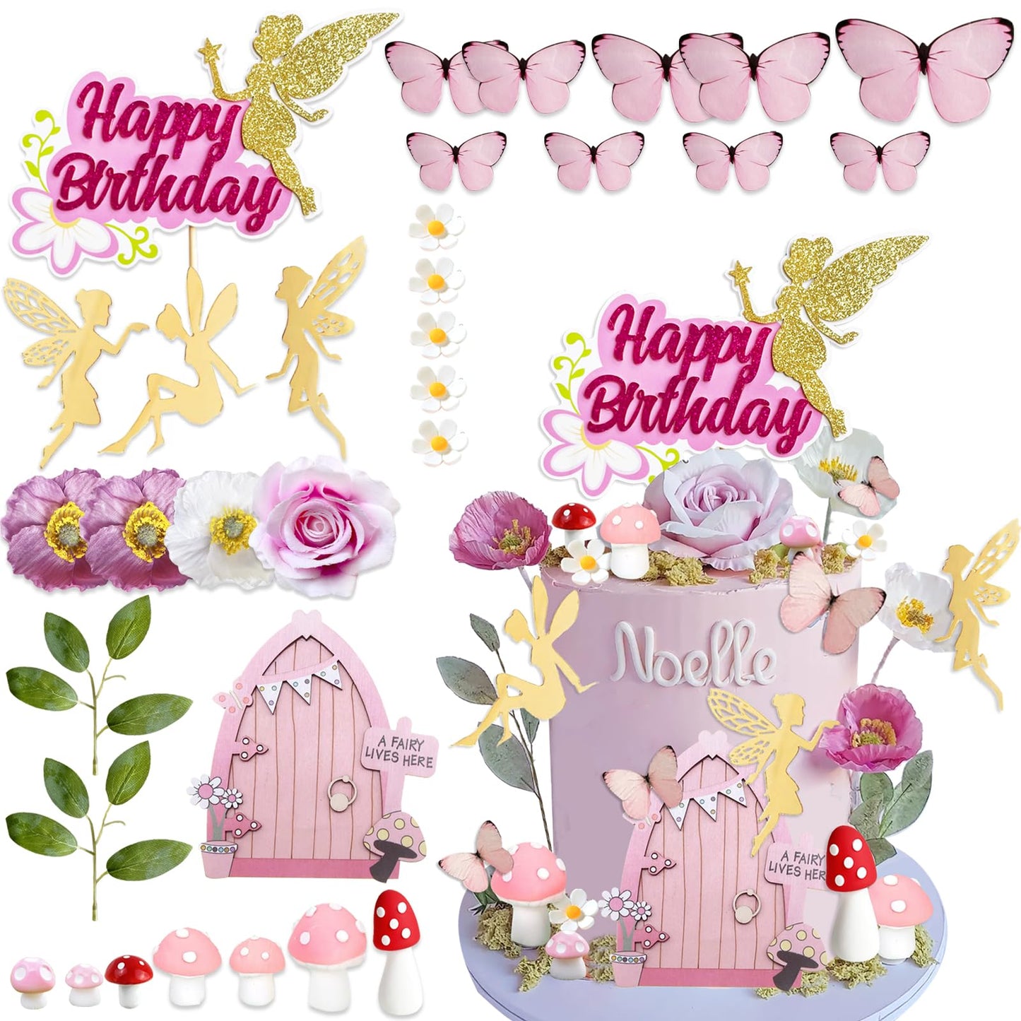 Ufromsky 32Pcs Fairy Cake Topper Decorations Glitter Fairy Happy Birthday Cake Decor Pink Butterfly Flowers Fairy Door Mushroom House Cake Pick For Fairy Birthday Party Fairy Garden Theme Baby Shower