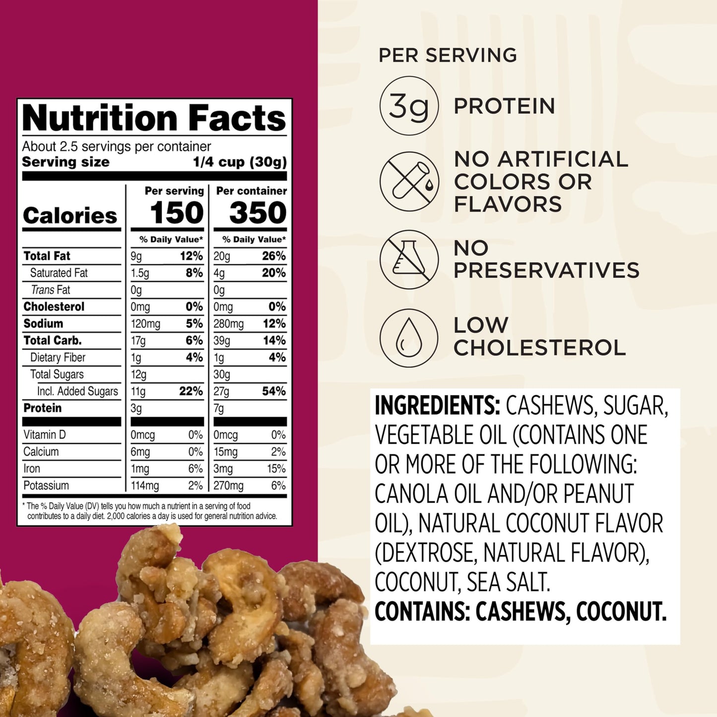 Snak Club Coconutty Cashews, Kettle Cooked Fancy Cashews with Toasted Coconut, Gluten-Free and Kosher Snack, 2.5 oz Snack Bags,